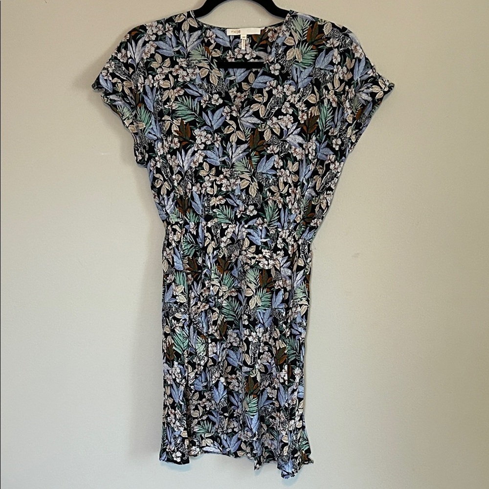 Maje Floral Print Mini Dress in Blue and Green